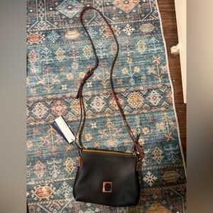 Dooney & Bourke Black Leather Crossbody with Brown Strap and Gold Hardware